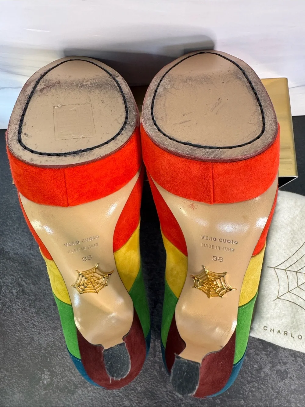 Charlotte Olympia Rainbow Suede Platform Pumps Heels, Size 38